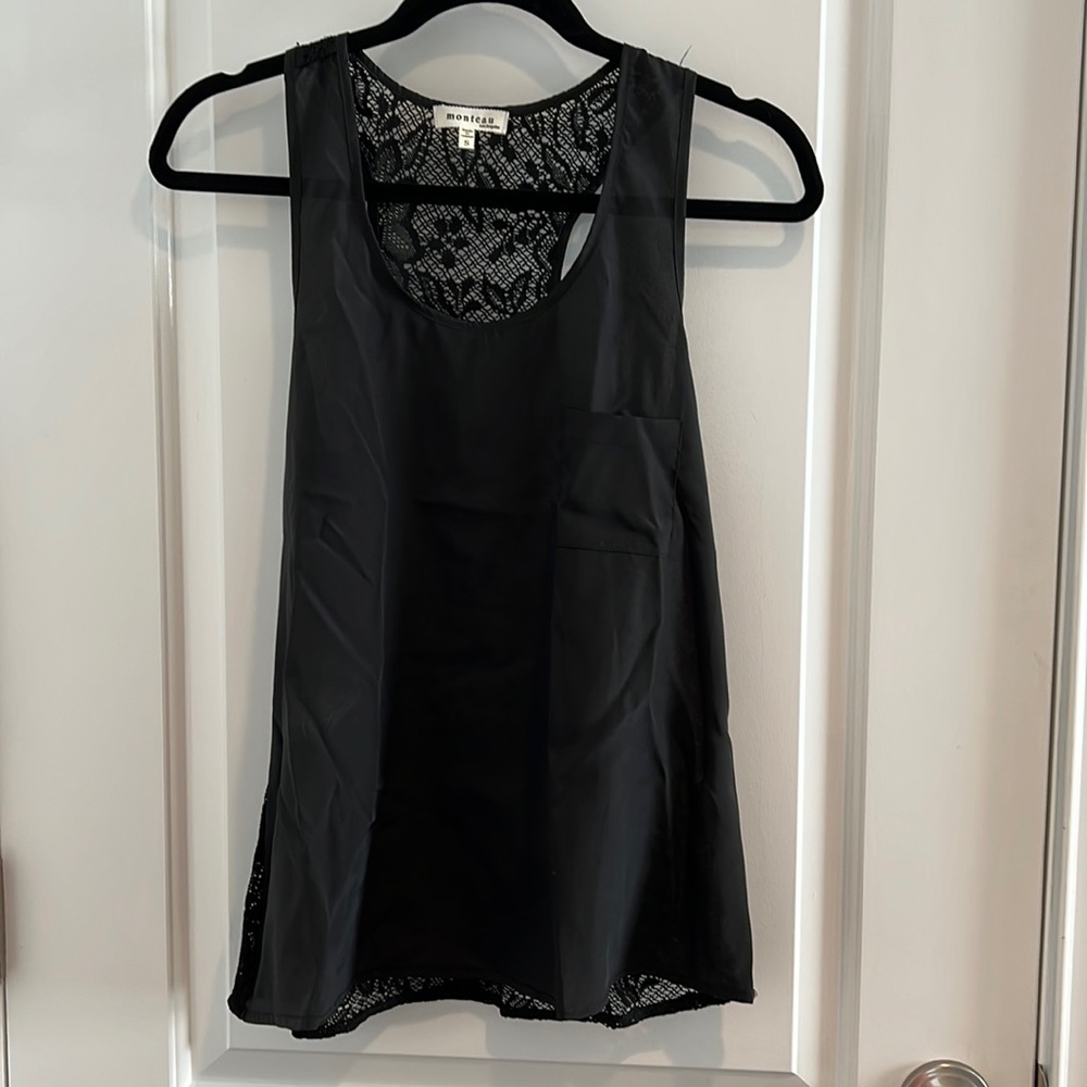 Monteau, black crochet back tank top, size Small